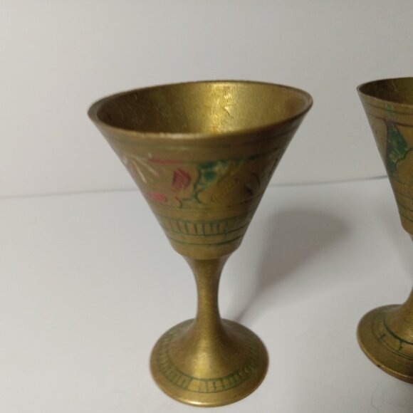 Set of 2 Vintage Etched Brass  Goblet Chalice Cups  2.5 in - Picture 3 of 12